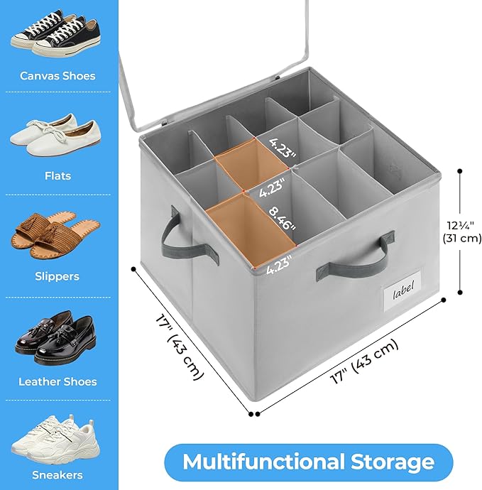 Cupic Cupid 2 Pack Shoe Organizer for Closet, Fits up to 12 Pairs, Shoe Cubby Storage Containers with Clear Cover, Grey