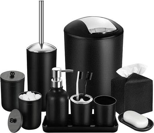 ALPIRIRAL Black Bathroom Accessories Set, 10Pcs Bathroom Accessory Set with Trash Can, Soap Dispenser and Toothbrush Holder, Soap Dish, Cotton Ball & Qtip Holder, Toilet Brush Holder, Tissue Box Cover