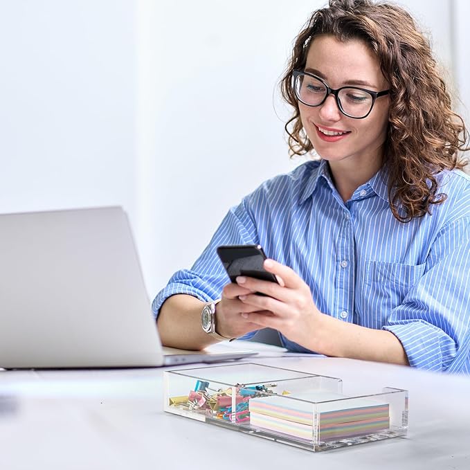 WORHE Sticky Note Holder 2 In 1, Clear Acrylic Memo Pad Holders for Desk Organization School Office Home, Post Pop Notes Dispenser for 3"X3" Note Pads (BQ210)