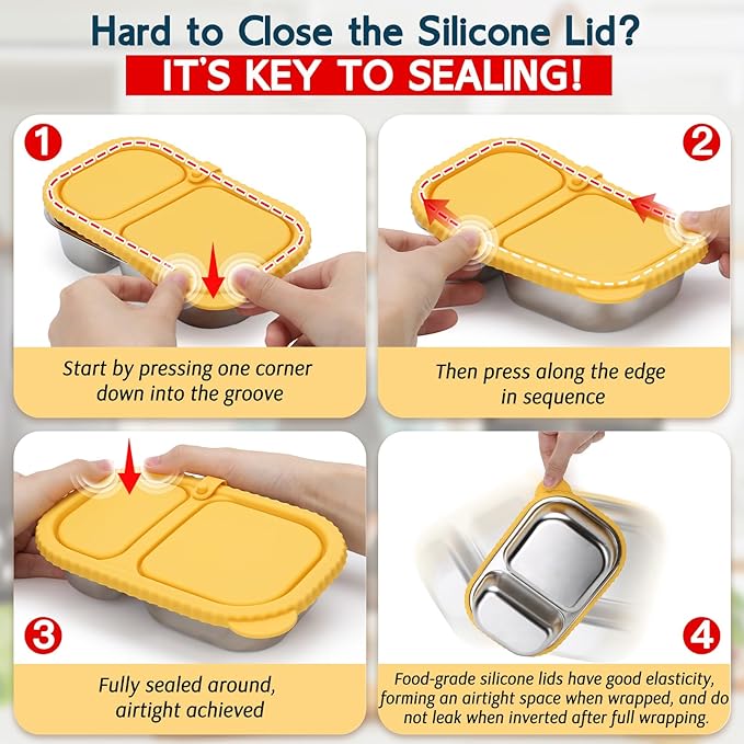 ICEROYCE 3 Pack Stainless Steel Snack Containers with Silicone Lids, Meal Prep Containers, Reusable 2 Compartment Food Storage Containers, Stainless Steel Box for Lunch, Office, Travel