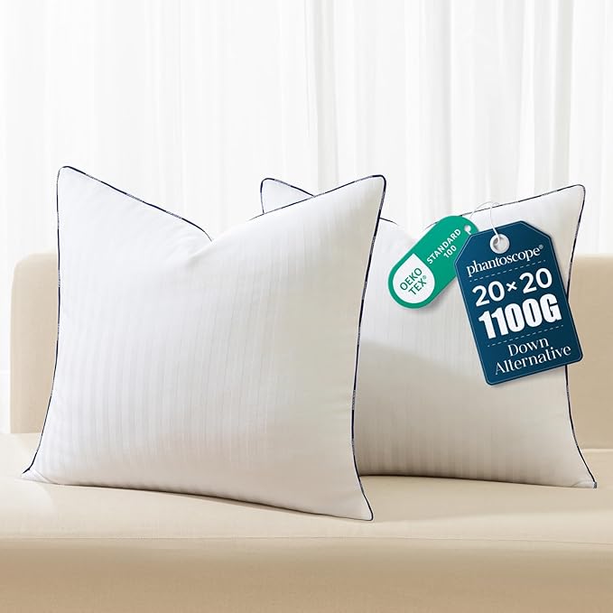 Phantoscope 20x20 Pillow Inserts, Down Alternative Pillow Inserts Set of 2 Throw Pillows with 100% Cotton Cover Decorative Pillow Stuffer for Sofa, Couch Bed(White)