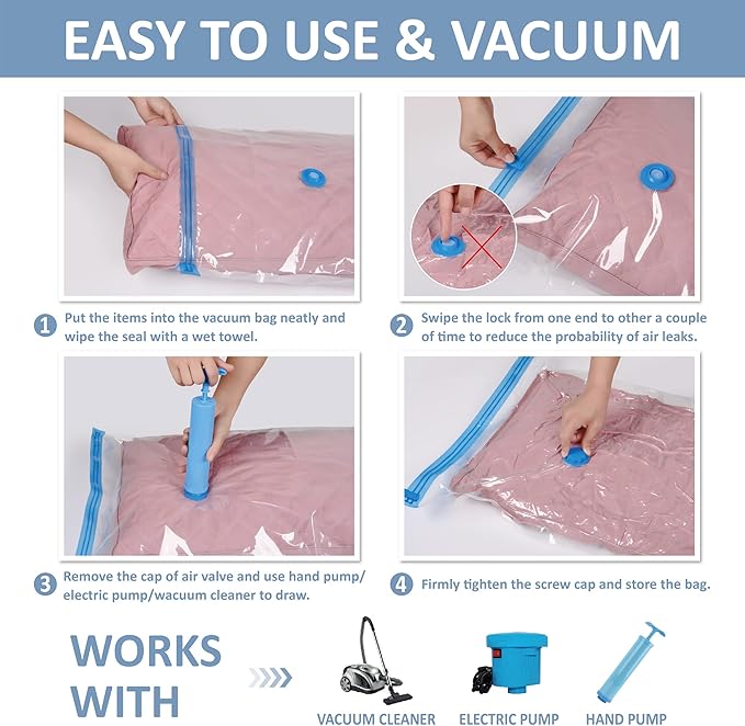 15 Pack Vacuum Storage Bags with Hand Pump, 80% Space Saver Vacuum Seal Storage Bags for Clothing, Travel Lugggage, Blankets, Comforters