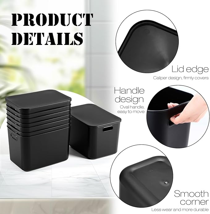 Hoolerry 8 Pieces Colorful Storage Bins with Lid, Plastic Storage Basket Organizing Container Stackable Box with Handle for Shelves Desktop Playroom Office(14.2 x 10.2 x 9.5 Inch,Black)