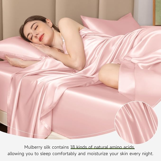 THXSILK 22 Momme 1 Pcs Silk Flat Sheet, 100% Top Grade Pure Mulberry Silk Bed Sheet Breathable Cooling Comfortable Safe Material Ultra Soft Bedding Durable (King/Cal. King, Charming Pink)