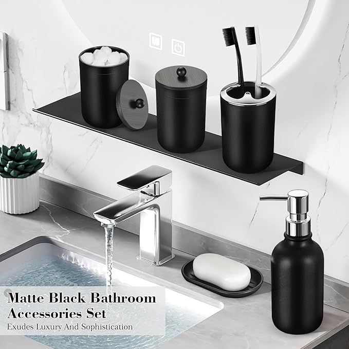 ALPIRIRAL Bathroom Set, 20Pcs Bathroom Shower Curtain Sets with Hooks, Black Bathroom Accessories Set with Trash Can, Bathroom Accessories Sets Complete with Shower Curtain Set, Bathroom Accessory Set