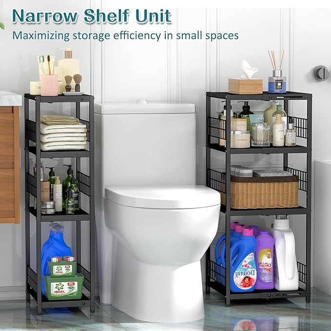 DAOUTIME Expandable Slim Storage Shelf, 4 Tier Metal Shelving Unit for Bathroom Storage Organizer, Freestanding Narrow Shelf for Small Spaces, Open Floor Shelves for Bathroom, Laundry Room, Kitchen