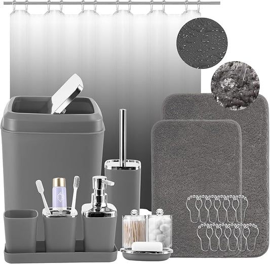 XLHOMO Grey Bathroom Accessories Set, Bathroom Sets with Shower Curtain and Rugs, Trash Can, Tray, Soap Dispenser, Soap Dish, Toothbrush Holder, Toothbrush Cup,Toilet Brush and Qtip Holders for Home