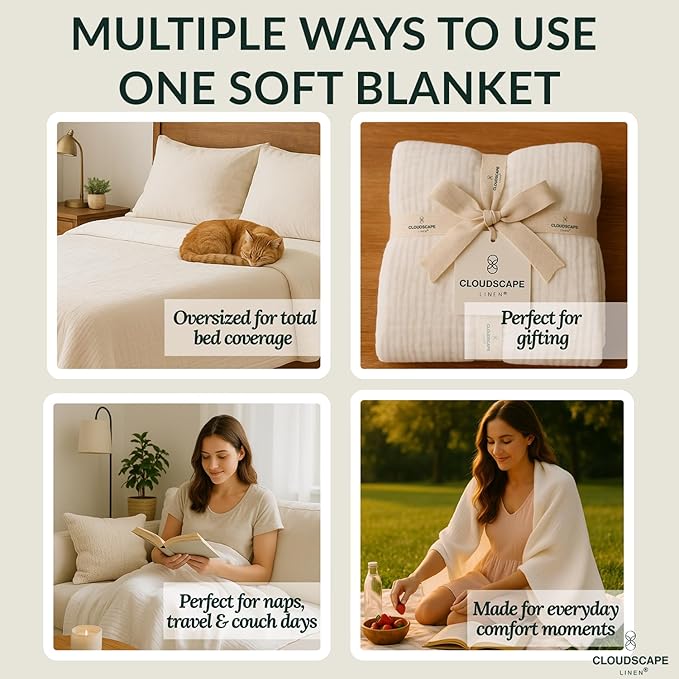 Cloud Scape Linen 8-Layer Muslin Blanket King Size for Adult - 100% Cotton, Heavy Weighted and Soft, All Season, Winter Cozy Blanket, Fits up to California King Bed, 92x108, White