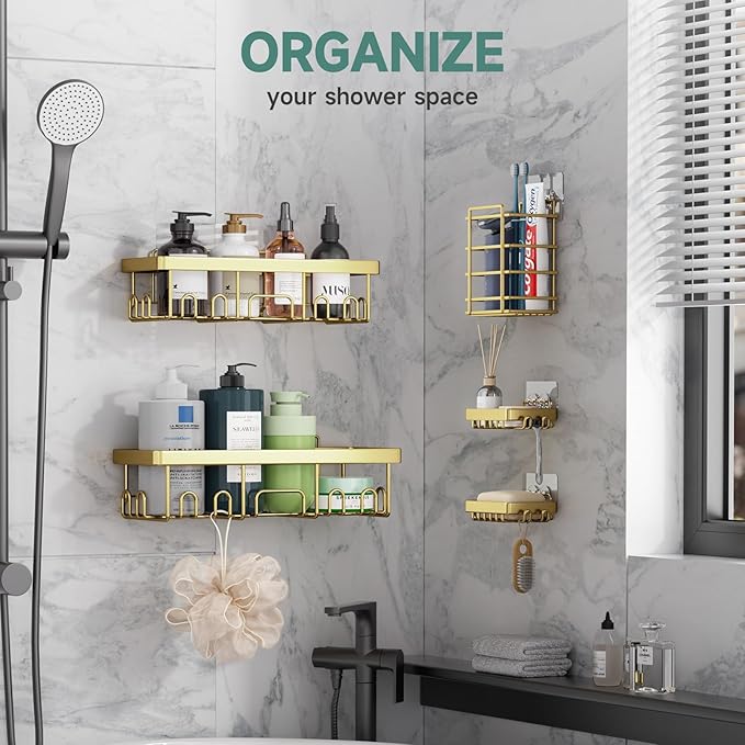 Veken Adhesive Shower Caddy 5-Pack,Heavy Weight Bearing,Large Wall Mounted Shower Shelves Rack,Organizer Storage Accessories with Soap Dish&Toothbrush Holder,Ideal for Bathroom,Home&Kitchen,Gold