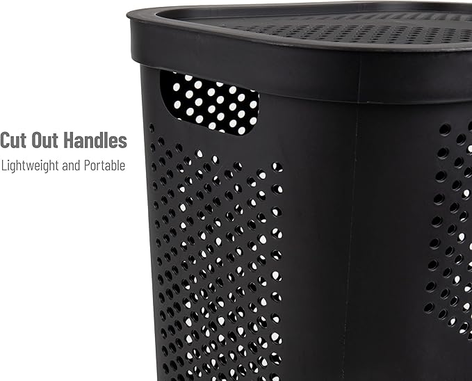 Mind Reader 60L Slim Laundry Hamper, Clothes Basket, Lid, Ventilated, Plastic, Set of 2, Black