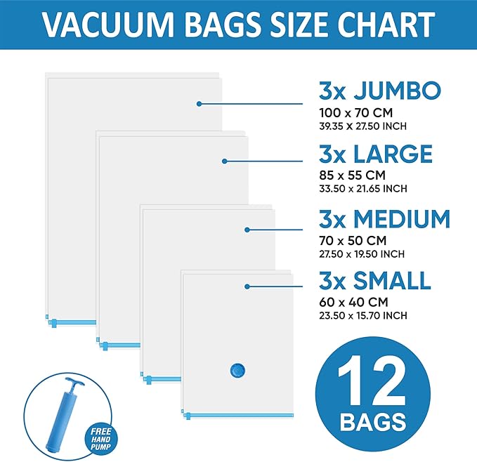 12 Space Saver Vacuum Storage Bags, Vacuum Sealed Storage Bags (3 Jumbo/3 Large/3 Medium/3 Small) with Hand Pump, Vacuum Seal Bags for Clothing, Comforters, Pillows, Towel, Blanket Storage, Bedding