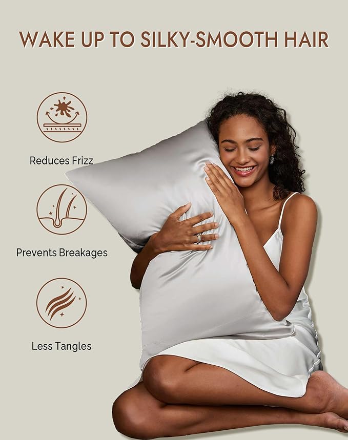 SilkSilky 100% Mulberry Silk Pillowcase - Pure 22 Momme High-Grade 6A Fibers for Hair & Skin, Envelope Closure, Natural, Organic, Breathable & Cooling Pillow Case (Queen, Silver)