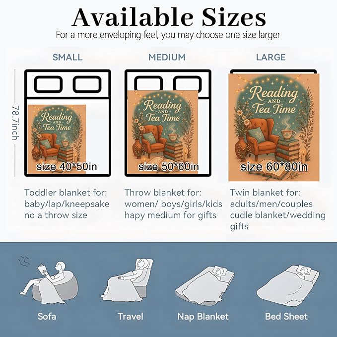 Book Blanket, 50"x40" Flannel Cozy Lightweight Reading and Tea Time Throw Blankets Gifts for Couch Bed Living Room Decor, Soft Blanket for Women Kids