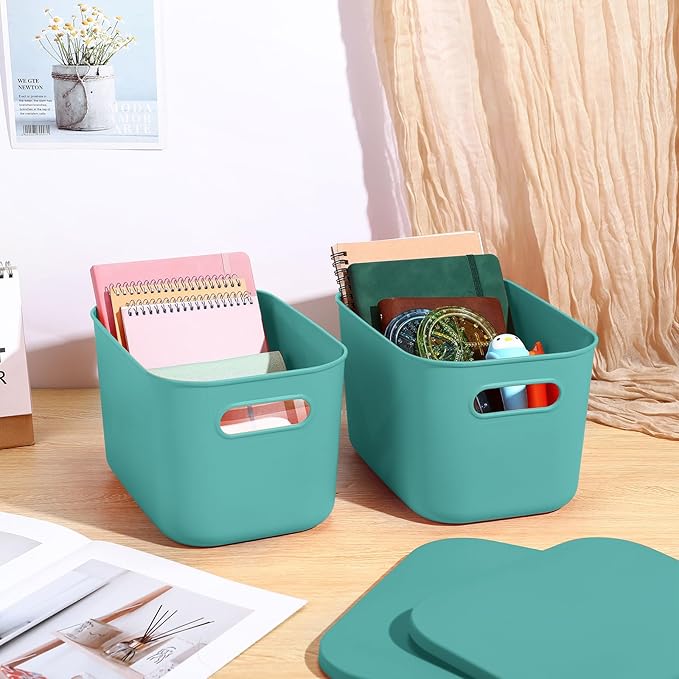 Hoolerry 8 Pieces Colorful Storage Bins with Lid, Plastic Storage Basket Organizing Container Stackable Box with Handle for Shelves Desktop Playroom Office(10.2 x 7 x 6.3 Inch,Green)