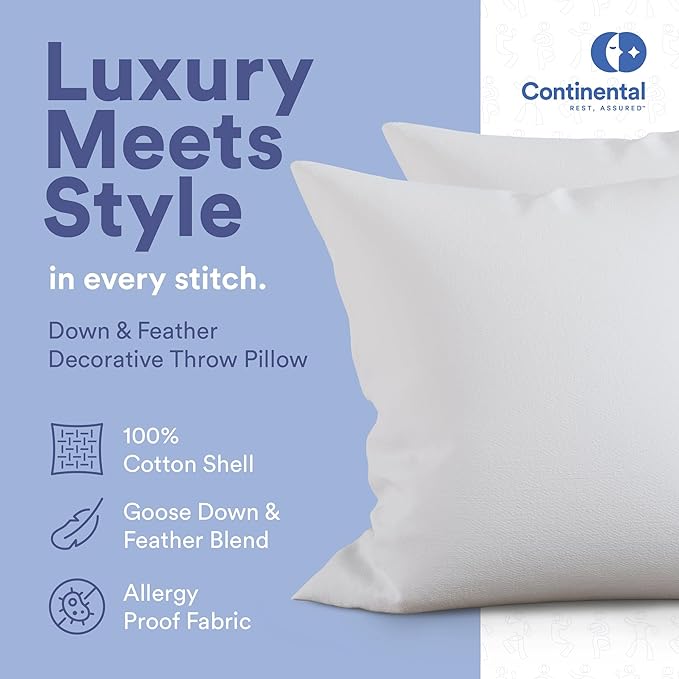 Continental Bedding | 10/90 Down and Feather Throw Pillow Insert | 100% Cotton 250TC Shell | Medium Loft Decorative Cushion | 18x18 | 2 Pack