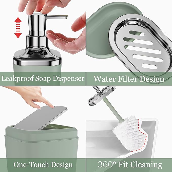 XLHOMO Bathroom Set, Sage Green Bathroom Accessories Set with Press-on Lid Bathroom Trash Can, Soap Dispenser, 10PC Bathroom Accessory Set for Home