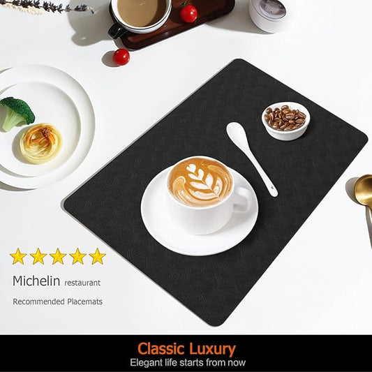 Vinyl Placemats Set of 6 Faux Leather 100% Waterproof Wipeable Washable Place Mats Heat Resistant Easy Clean Non-Slip Table Mats for Indoor Outdoor. (6,Black)