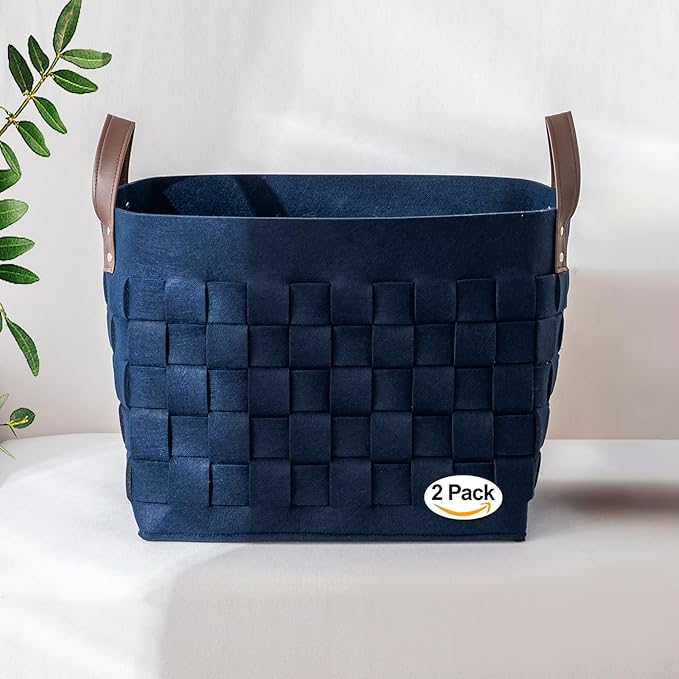 boldmonkey Blankets Baskets 15 " x13 x11 2 Pack, Large Rectangular Toys Baskets with Leather Handle, Soft Baby Nursery Basket for Storage-Navy Blue