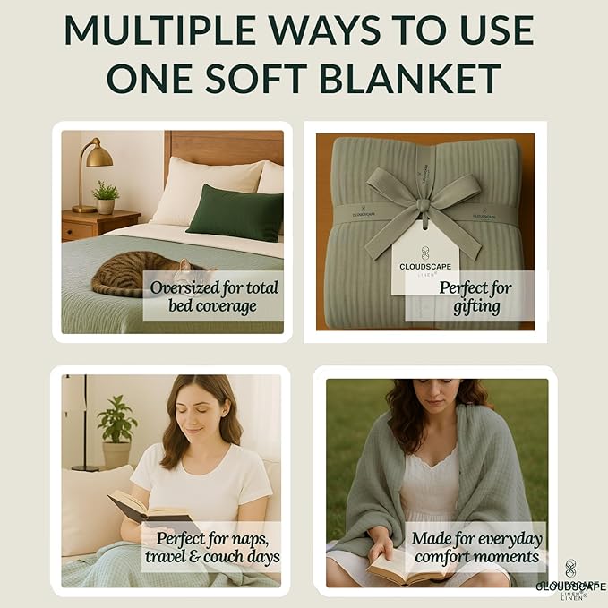 Cloud Scape Linen 100% Cotton 8 Layer Twin Size Muslin Blanket - Breatheable and Soft Winter Blanket for Bed, Couch and Sofa, Oversized Fits up to Twin XL, Best Gift Idea, 68x92, Sage Green