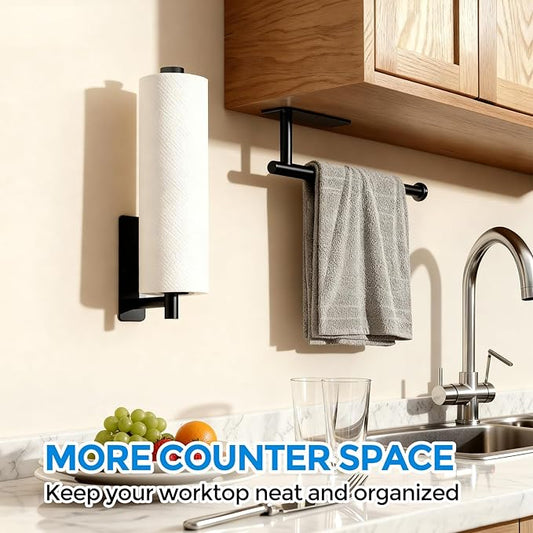 zaa Paper Towel Holder - 2 Pack Under Cabinet Paper Towel Holder, Fits Mega Paper Towel Rolls, Wall Mount Rack for Kitchen, Bathroom, RV, Adhesive or Screw Installation, Black