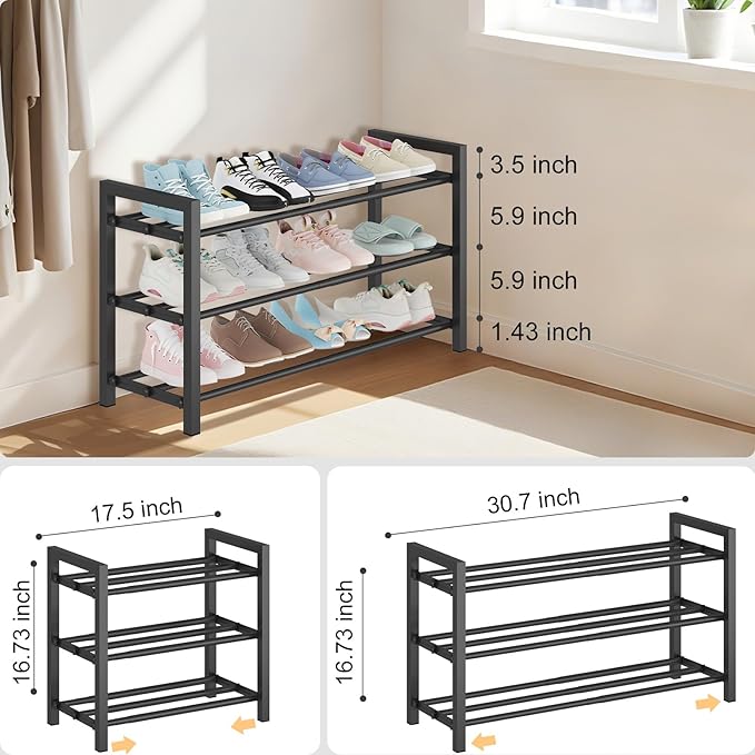 Detsuk 3-Tier Expandable Shoe Rack – Adjustable Heavy-Duty Metal Shoe Organizer Shelf for Closet, Entryway, Mudroom & Garage – Durable Freestanding Storage, Black