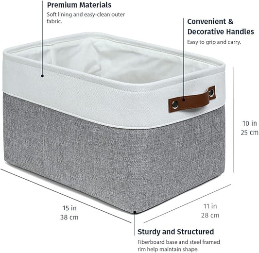OrganiHaus Large Fabric Storage Baskets for Shelves 3 Pack, 15x11in Closet Storage Bins for Shelves, Canvas Baskets for Organizing, Linen Closet Organizers, Cloth Basket, Gray/Off-White