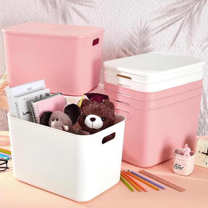 Hoolerry 8 Pieces Colorful Storage Bins with Lid, Plastic Storage Basket Organizing Container Stackable Box with Handle for Shelves Desktop Playroom Office(14.2 x 10.2 x 9.5 Inch,White and Pink)