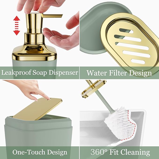 XLHOMO Bathroom Set, Sage Green Bathroom Accessories Set with Press-on Lid Bathroom Trash Can, Soap Dispenser, 10PC Bathroom Accessory Set for Home