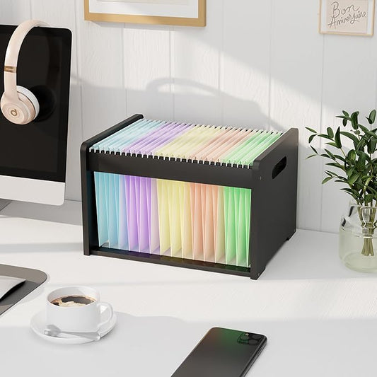 LONTAI Bamboo Hanging File Organizer, Office Desk File Organizer for Letter Size, Wood Hanging File Folders Organizer Record Holder Storage Stand Bookshelf Easy Assembly, Black