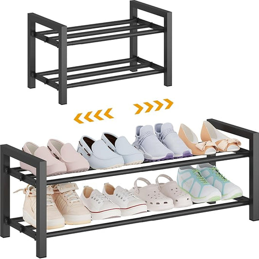 Detsuk 2-Tier Expandable Shoe Rack (17.5"-30.7") – Adjustable Heavy-Duty Metal Shoe Organizer Shelf for Closet, Entryway, Mudroom & Garage – Durable Freestanding Storage, Black
