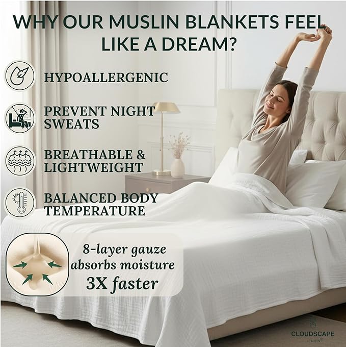 Cloud Scape Linen 100% Cotton 8 Layer Twin Size Muslin Blanket - Breatheable and Soft Winter Blanket for Bed, Couch and Sofa, Oversized Fits up to Twin XL, Best Gift Idea, 68x92, White