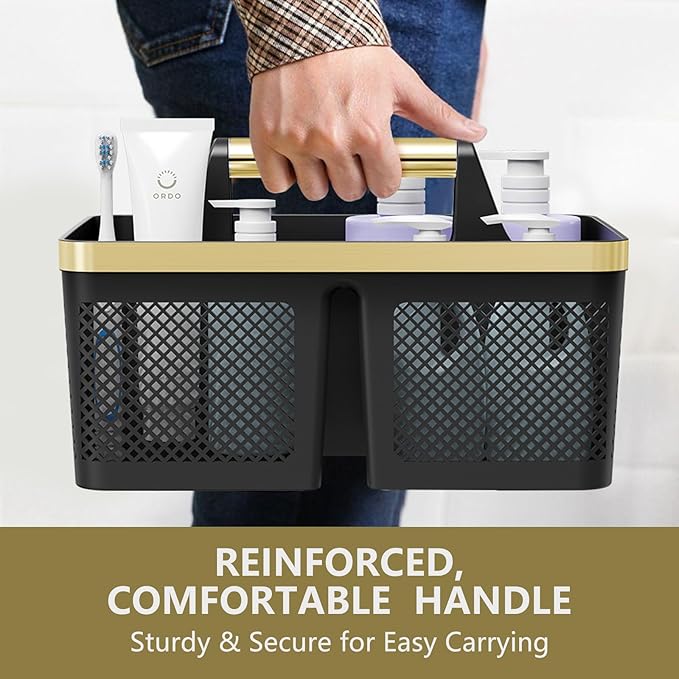 BYUNER Shower Caddy Dorm Men: Plastic Bathroom Caddy Organizer with Handle and Holes, Bath Caddy for College Dorm, Portable Shower Basket Tote for Toiletry, Travel, GYM, Camp Essentials Black/Gold