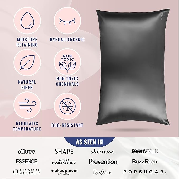 Blissy Silk Pillowcase - 100% Pure Mulberry Silk - 22 Momme 6A High-Grade Fibers - Silk Pillow Cover for Hair & Skin - Regular, Queen & King (Gray, King)
