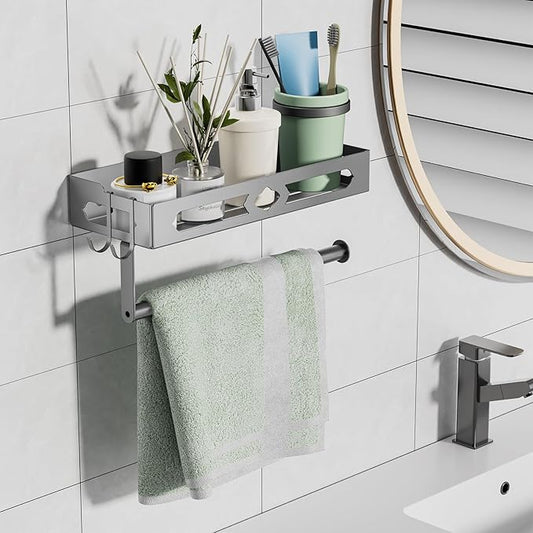 Stylish Kitchen Paper Towel Holder with Shelf - Adhesive Hand Towel Holder for Bathroom Wall Mount, Rust-Resistant Matte Grey Finish for RV Toilet Paper Holder Rack, Easy One-Handed Operation Design