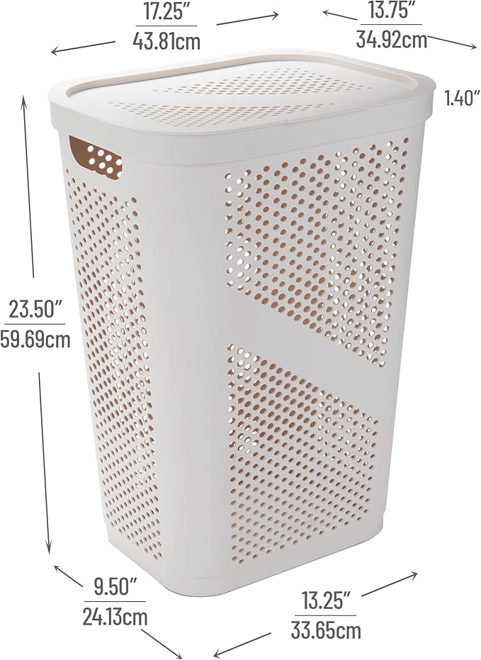 Mind Reader 60L Slim Laundry Hamper, Clothes Basket, Lid, Ventilated, Plastic, Set of 2, Ivory