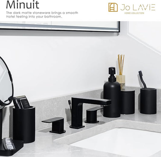 Jo Lavie Bathroom Accessory Set - 4 Pcs Matte Black Bathroom Set with Toothbrush Holder, Soap Dispenser, Tumbler & Cotton Swab Jar - Bathroom Vanity Countertop Organizer, Bathroom Decor Sets
