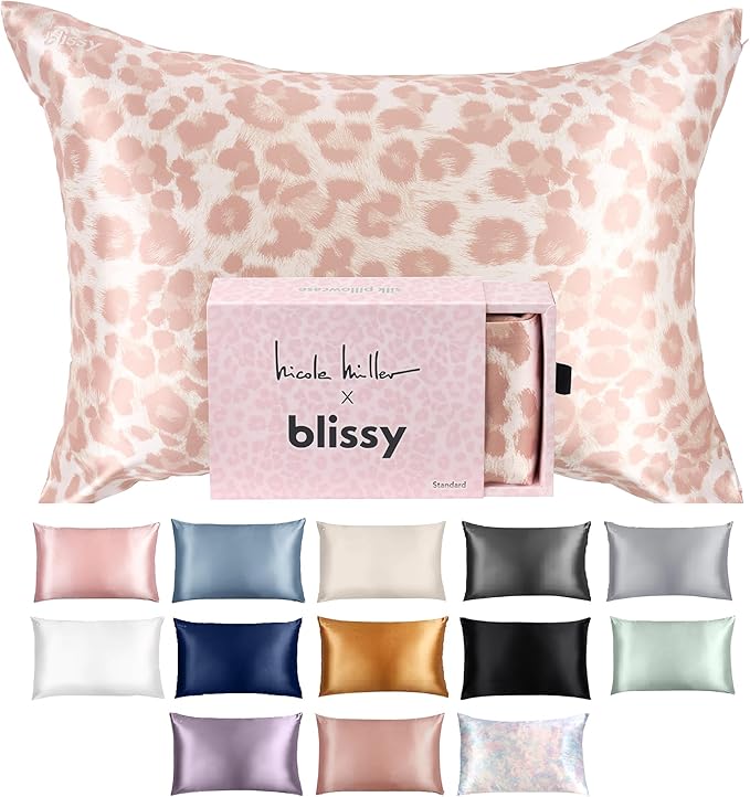 Blissy Silk Pillowcase - 100% Pure Mulberry Silk - 22 Momme 6A High-Grade Fibers - Silk Pillow Cover for Hair & Skin - Regular, Queen & King (Nicole Miller - Mauve Cheetah, King)