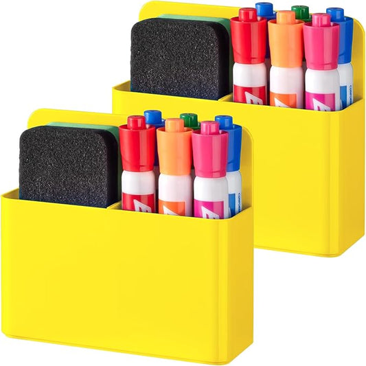 BEYGORM 2 Pack Plastic Magnetic Pen Holder for Refrigerator, Dry Erase Marker Holder for Whiteboard，Magnet School Locker Organizer Accessories, Pencil Cup, Pen Caddy, Classroom Organization(Yellow)