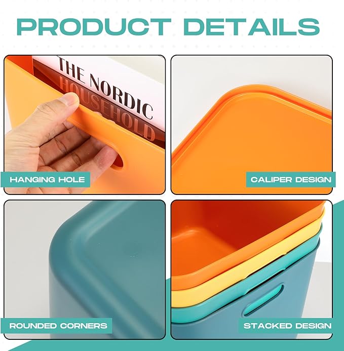 Hoolerry 8 Pieces Colorful Storage Bins with Lid, Plastic Storage Basket Organizing Container Stackable Box with Handle for Shelves Desktop Playroom Office(16.1 x 12.0 x 9.7 Inch,Multi-colored)