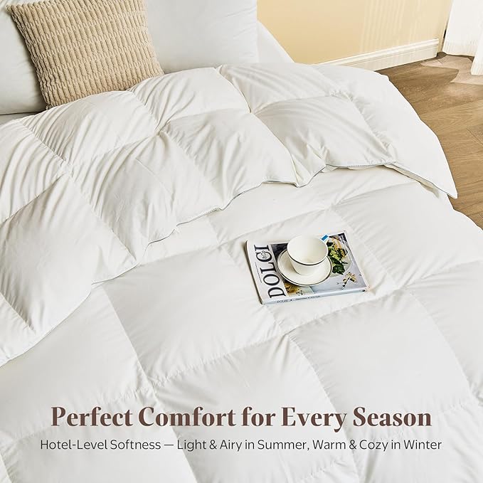 Goose Feather Down Fiber Comforter Oversized Queen - Egyptian Cotton Blend Cover, All Season Fluffy Hotel Luxury Duvet Insert(98x98 inch, White)