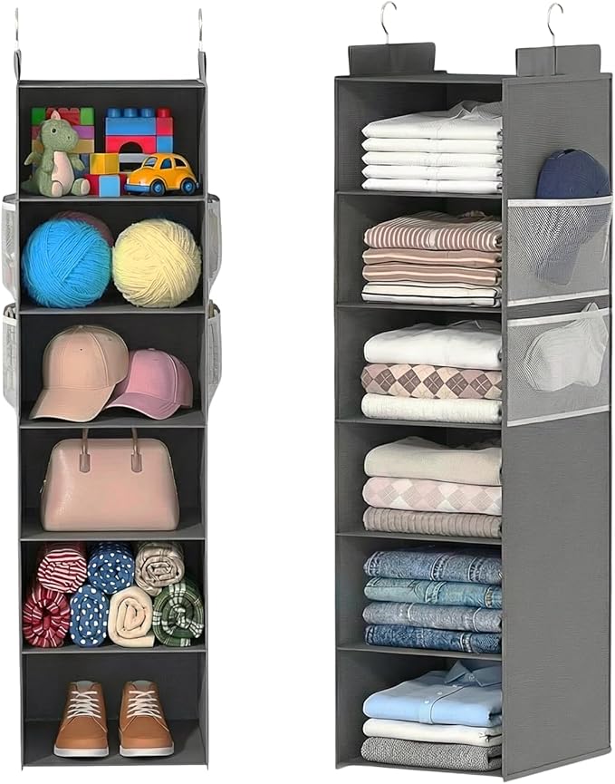 ALLTIDYUP Extra Deep Hanging Closet Organizer with 6 Shelves and Oversized Mesh Pockets, Heavy-Duty Structure, No Deformation, Max Storage for Clothes, Shoes, Hats, Dorms and RVs, Grey,1-Pack