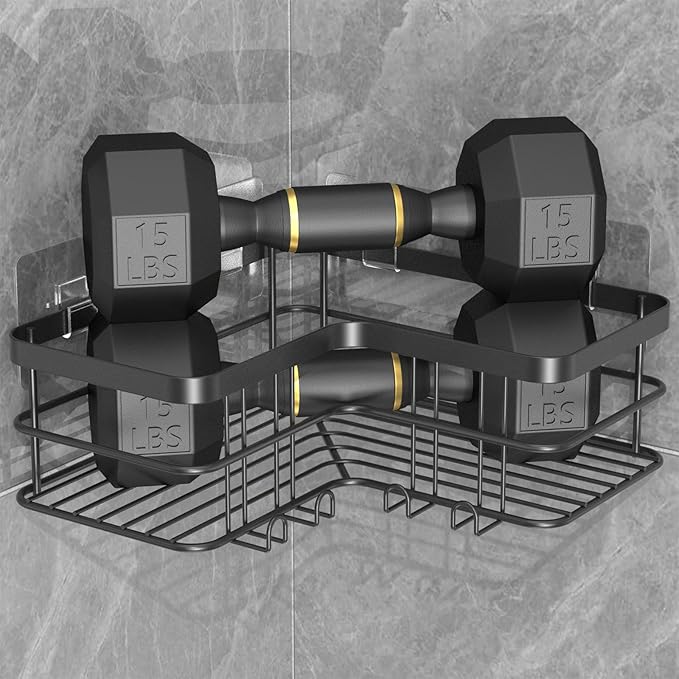 Yazoni Corner Shower Caddy, 4-Pack Adhesive Shower Shelves with Soap Holder No Drilling, Rustproof Bathroom Shower Organizer Storage, Black