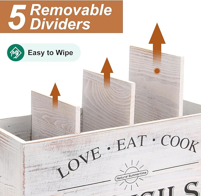 2 Pack Utensil Holder, 6.7"+6.18" Wooden Utensil Holder for Kitchen Countertop, Large Wood Utensil Organizer with Partition for Silverware and Cooking Storage, Farmhouse Kitchen Decor