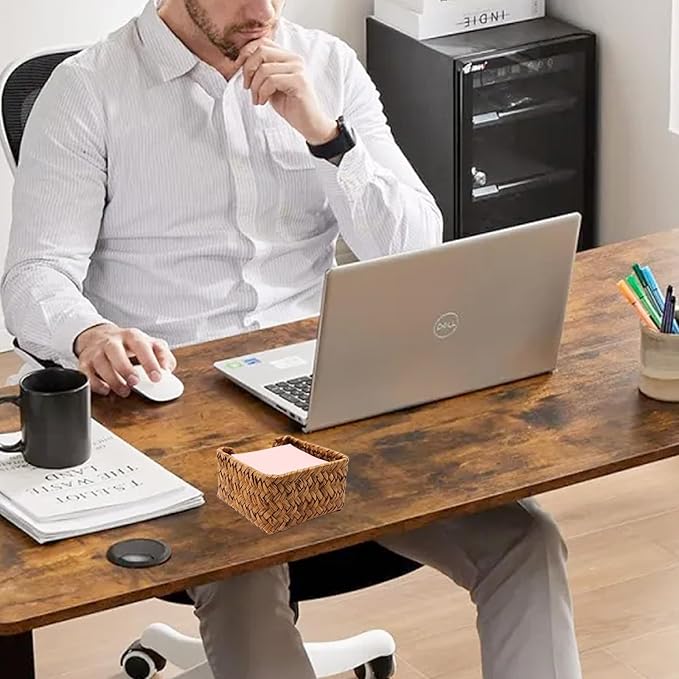 Shonmogar Sticky Note Holder Seagrass Post It Note Dispenser, 3 x 3 Inch Woven Sticky Note Dispenser, Farmhouse Post It Holder for Desk Home Office Decor, Caramel