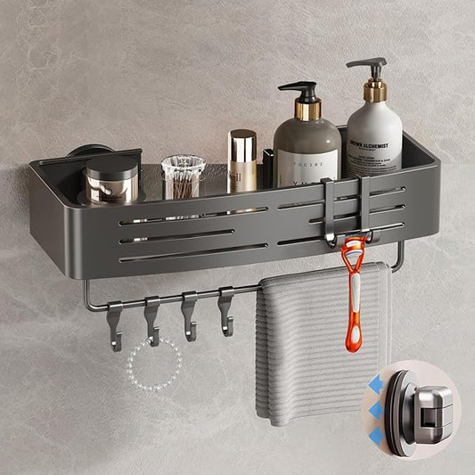 Voldra Shower Caddy Suction Cup, 1 Pack Shower Shelves for Inside Shower No Drilling, Aluminum Suction Showers Organizer with Towel Bar & Hooks Removable Bathroom Shelf Storage Rack(Gray)
