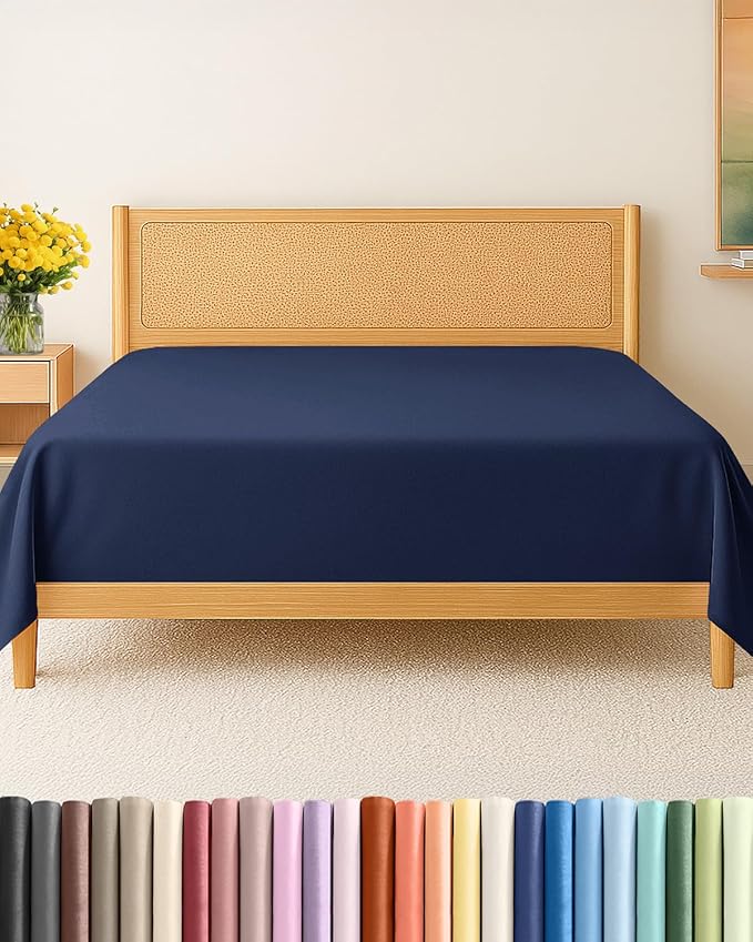 Queen Size Flat Sheet - Hotel Quality Top Flat Bed Sheet Only - Ultra-Soft, Breathable & Cooling - Fade & Wrinkle Free - Easy-Care, Stain & Shrink Resistant Bedding - Easy-Fit & Oeko-Tex - Navy Blue