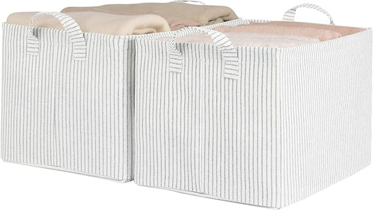 StorageWorks Storage Bins, Fabric Storage Bins for Shelves, Large Storage Baskets with Metal Frame, Closet Baskets and Bins with Handles, Khaki and Beige Stripes, 2-Pack
