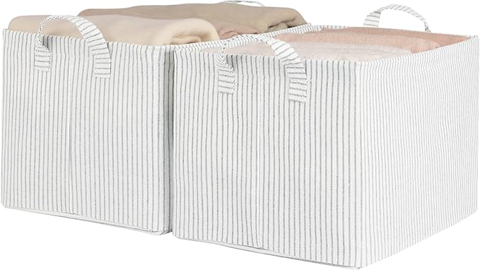 StorageWorks Storage Bins, Fabric Storage Bins for Shelves, Large Storage Baskets with Metal Frame, Closet Baskets and Bins with Handles, Khaki and Beige Stripes, 2-Pack