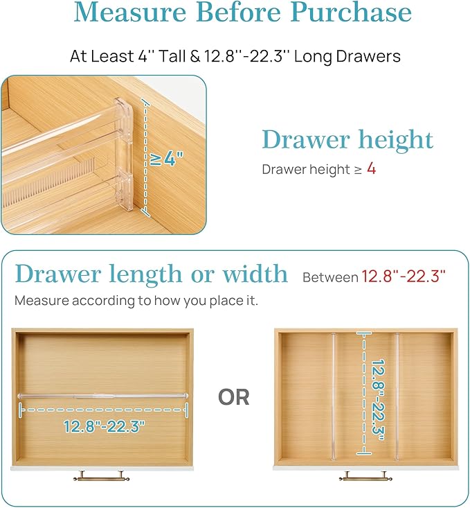 Vtopmart 4 Pack 4" Regular Upgrade Drawer Dividers for Clothes, 12.8"-22.3" Expandable Dresser Drawer Organizer, Clear Plastic Separators for Dresser, Baby Clothing, Underwear, Cosmetic, Toiletries