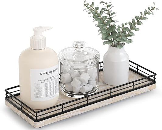 Bathroom Tray for Counter Top Organizer – Ash Wood Vanity Tray with Metal Frame for Dresser, Kitchen, Nightstand – Black & Whitewashed Decorative Storage
